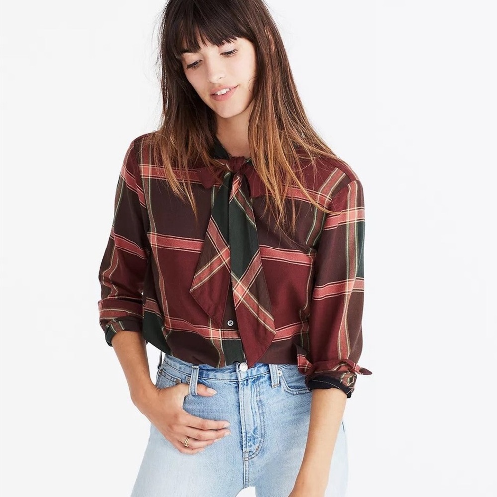 Madewell Plaid Tie Neck Top